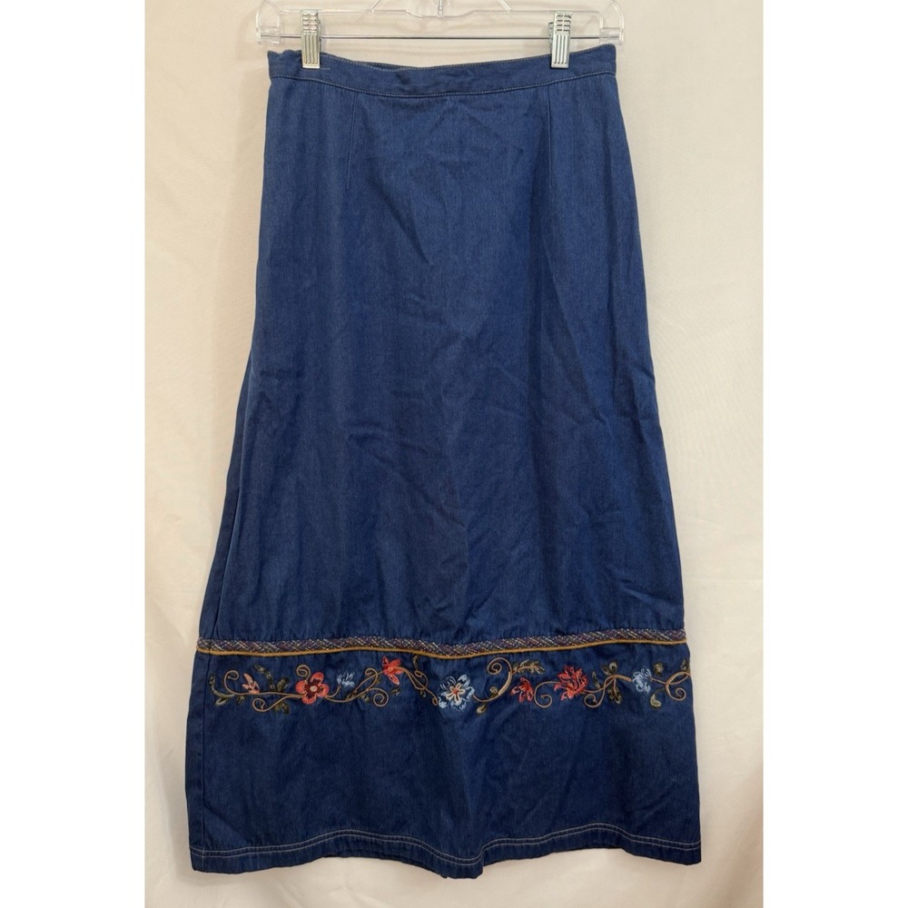 Vintage Koret City Blues Denim Maxi Skirt Blue Embroidered Y2K Prairie Size S